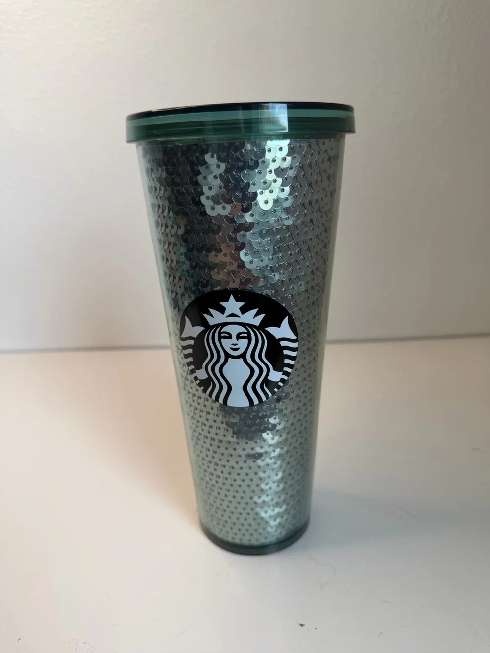 Starbucks 24 Oz Silver/Green Sequin Shiny Iridescent Cold Cup Tumbler No Straw